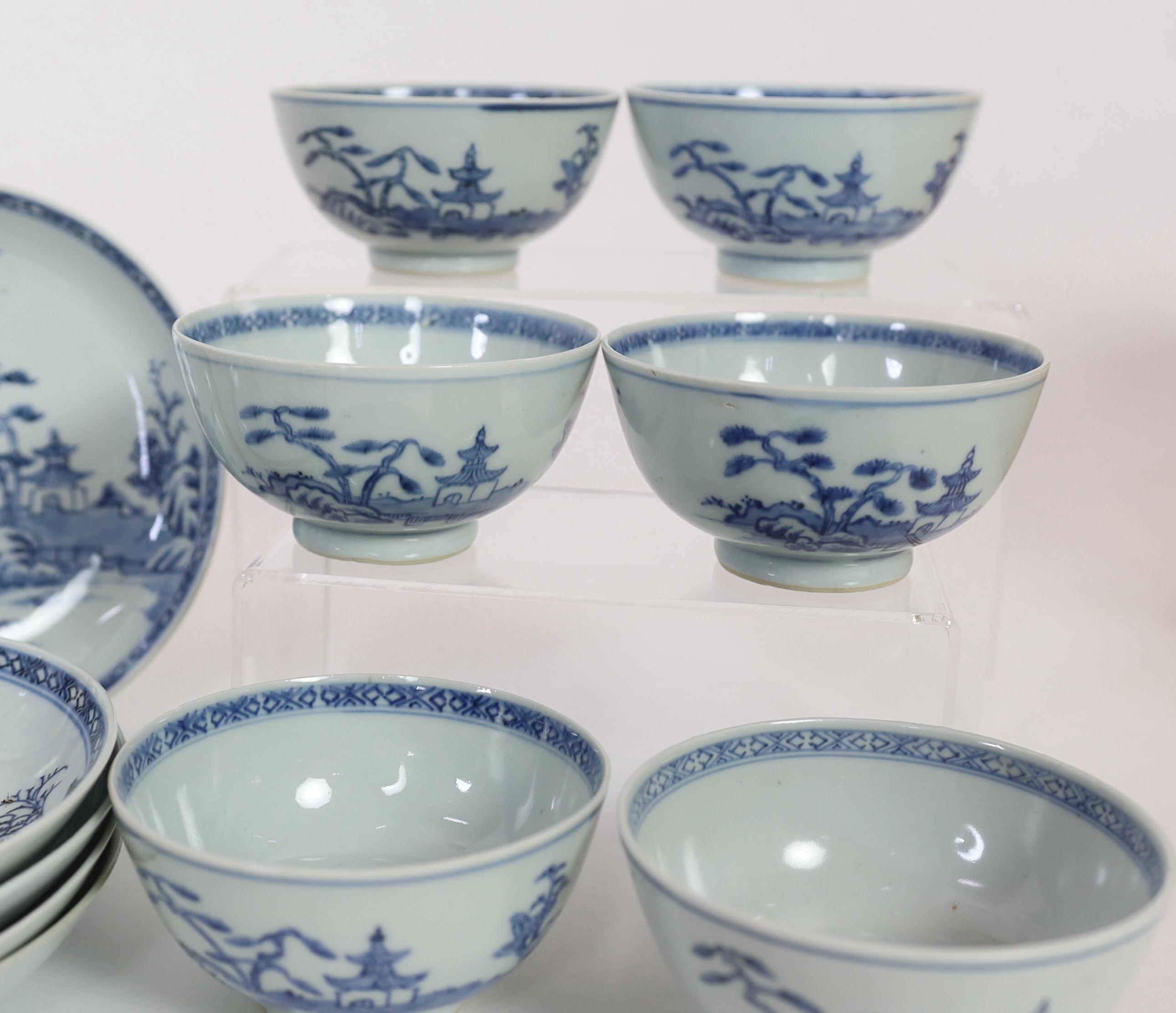 Twelve Chinese blue and white ‘Flying Geese’ bowls and saucer dishes, Nanking Cargo, c.1750